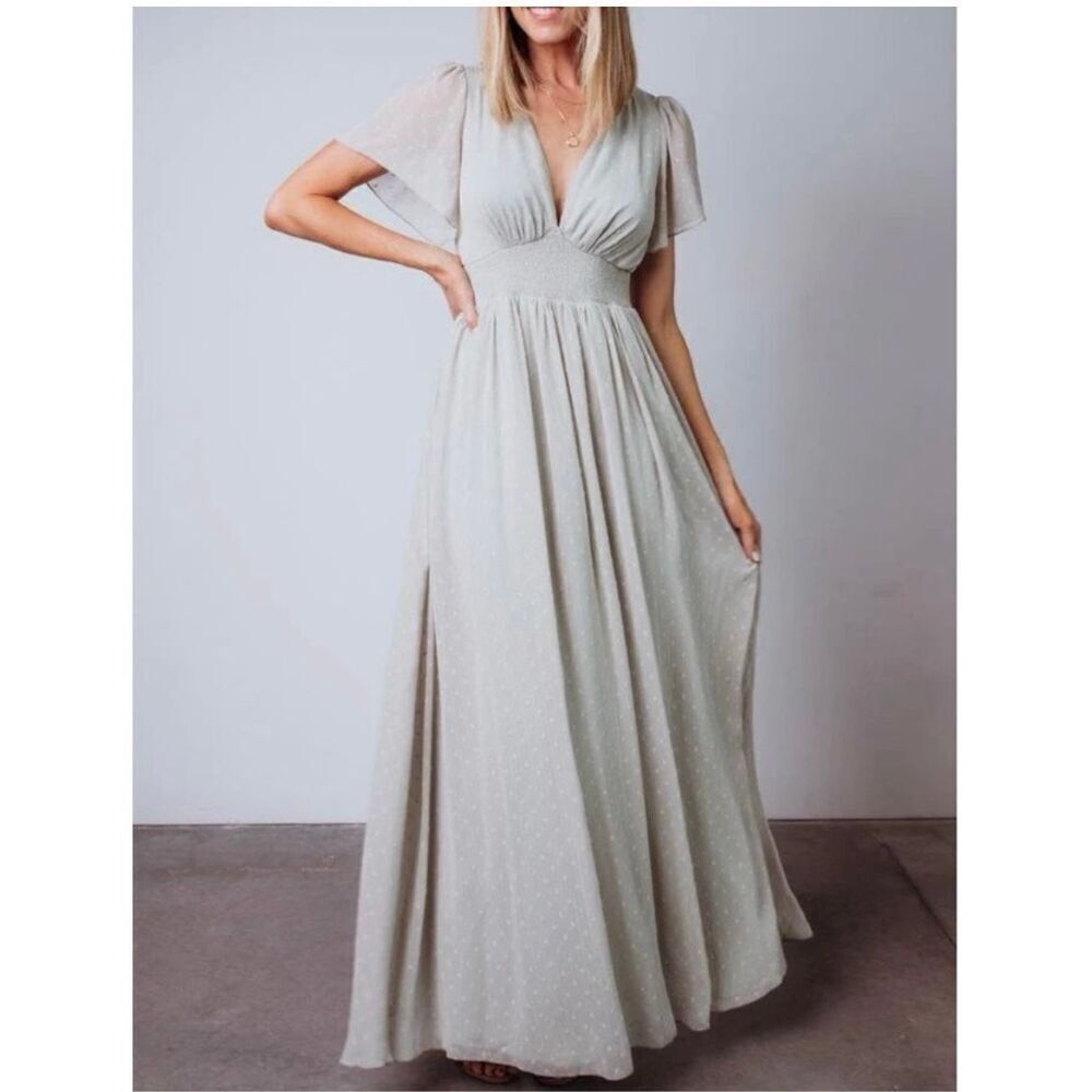 Baltic Born Weslie Sage Green Swiss Dot Silver Thread Maxi Dress sz M NWT